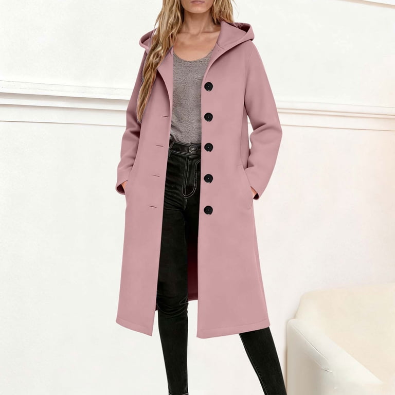 Wool Blend Long Coat Women Single Breasted Winter Jacket Trench Coat with  Hood Pocketed Woolen Hooded Overcoat (M, Pink)