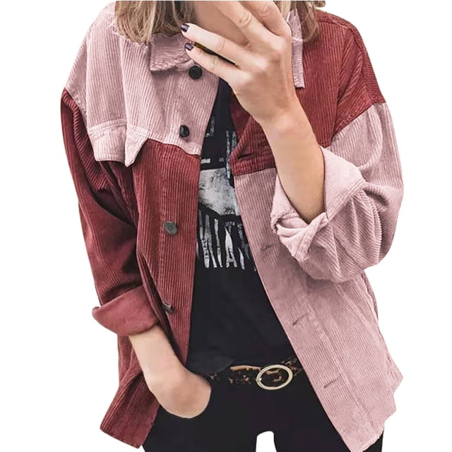 IROINID Veste Surchemise Courte pour Femmes Rayures Manches Longues Cardigan Long Décontracté Patchwork, Rouge