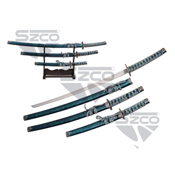SZCO 39.5" Aqua Marble Samurai 3-Piece Carbon Steel Katana Sword Set with Display Stand