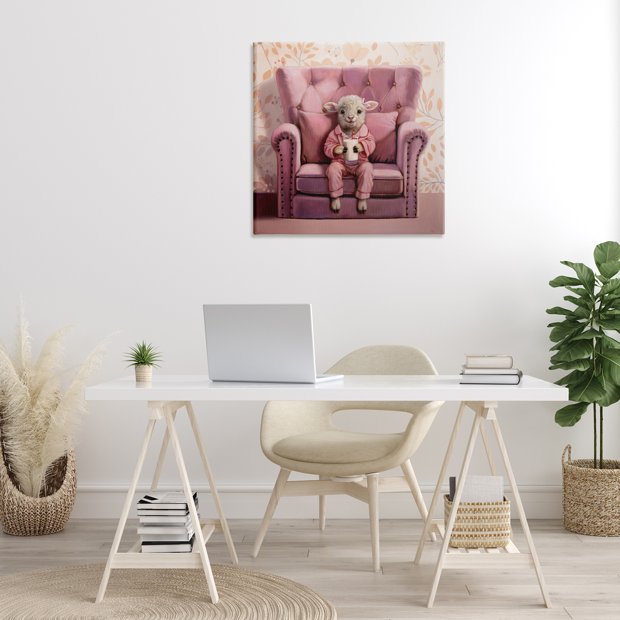 Stupell Industries Baby Cow in Pink Chair Animals & Insects Painting Gallery Wrapped Canvas Art Print Wall Art, 30 x 30