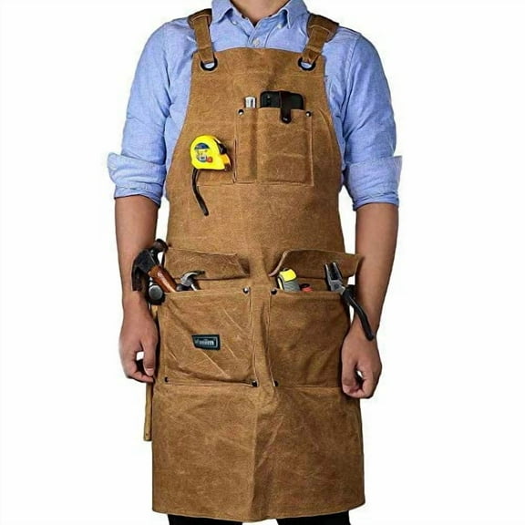 Waxed Canvas Shop Apron for Men & Women.Woodworking Aprons Heavy Duty Work Apron with Pockets. Big Bulk Tool Apron with Adjustable Cross-Back Strap.Adjustable S to XXL (Brown)