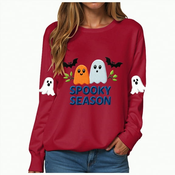 Towmus Halloween Sweatshirts Women Embroidered Sequin Ghost Graphic Pullover Shirt Halloween Crewneck Tops
