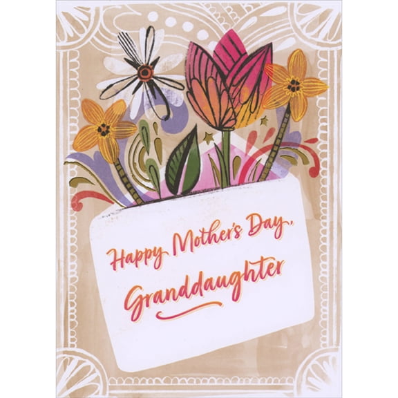 Designer Greetings Orange, White and Pink Flowers and Gold Foil Stars Coming Out of White Envelope Mother's Day Card for Granddaughter