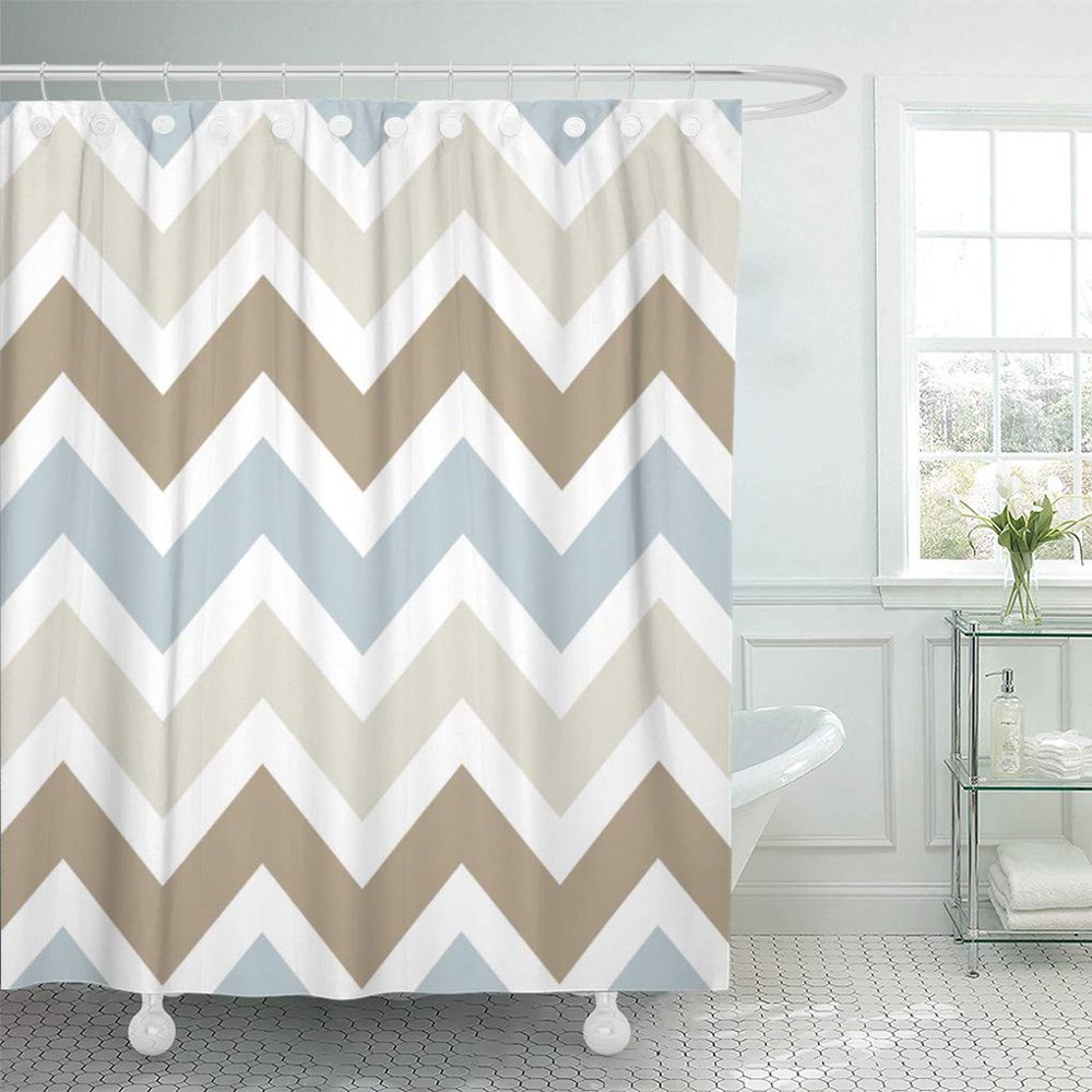 SUTTOM Zigzags Smoky Blue Gray Tan and Brown Chevron Geometric Shower