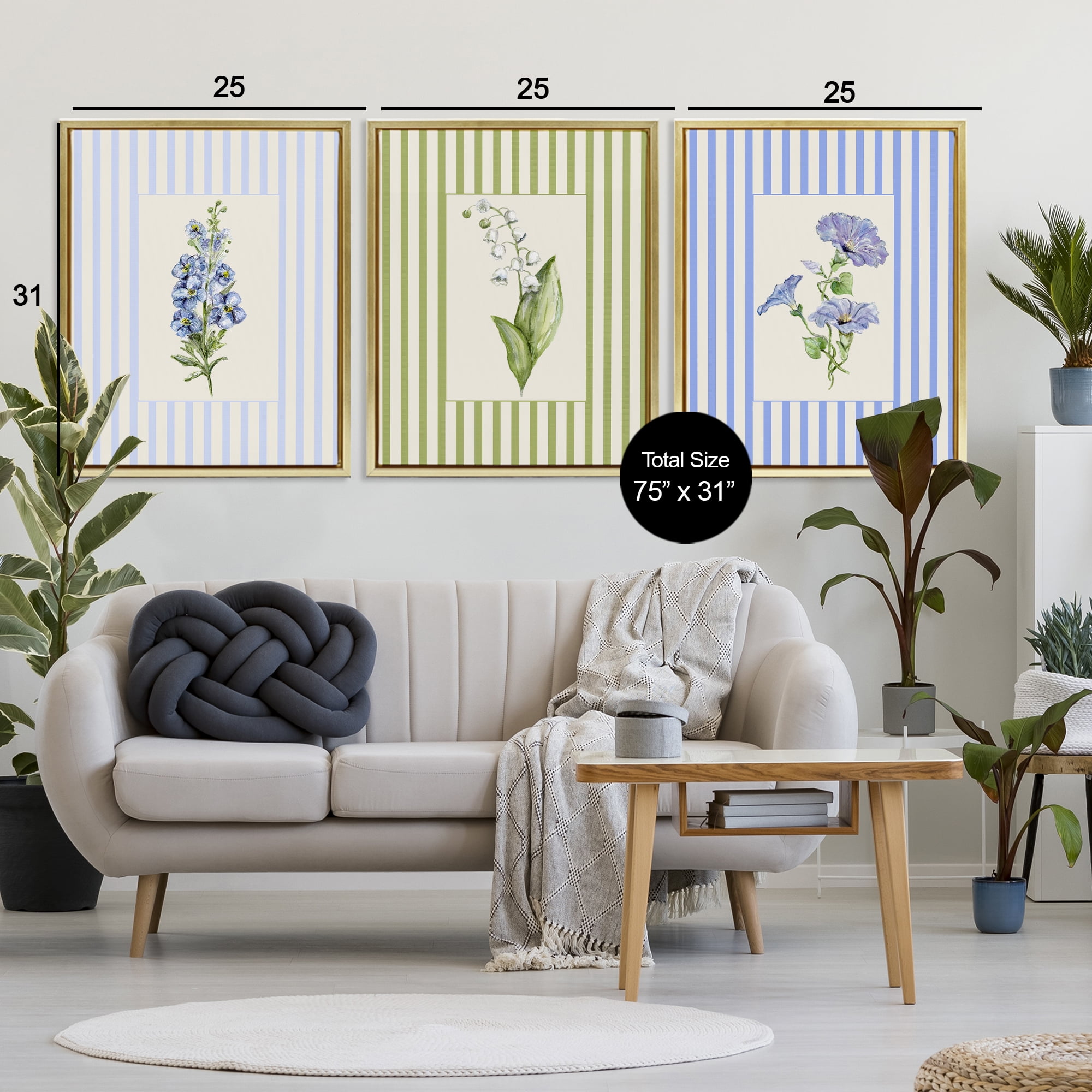 Soft Stripe Cottage Blooms 3 Piece Gold Framed Floater Canvas Set, design by Lisa Wehmeyer