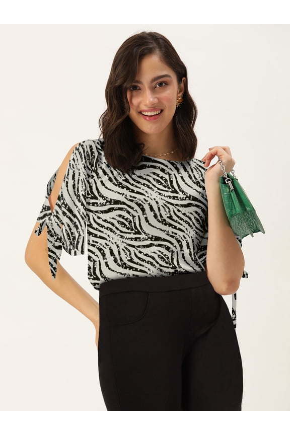 Women's Rayon Slub Round Neck Top Casual Summer Knot Cuff Split Sleeves Printed Cold Shoulders Western Style High Waist Light Weighted Blouse