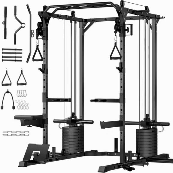 BOGYKIK 2200 lb Power Cage with Cable Crossover, 180 lb Weight Stack Power Rack, Lat Pulldown, Pull Up Bar, J Hooks for Home Gym