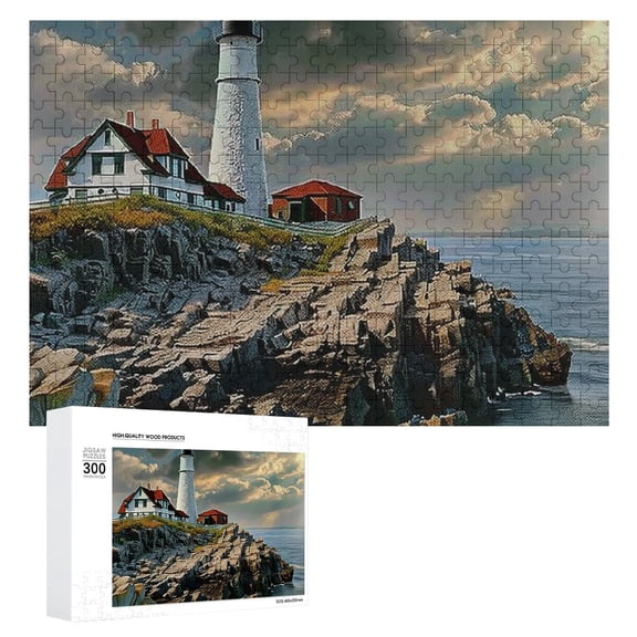 JRXY Lighthouse Rocky Cliff Cloudy Sky Wooden Jigsaw Puzzle Impossible Wooden Puzzles Gift for Family Friends 300 PCS