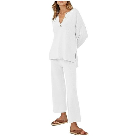 

Jalioing Long Sleeve Pajamas Outfits Women Button V-Neck Slit Hem Blouse Loose Straight Pants Cozy Homewear Suit (Small White)