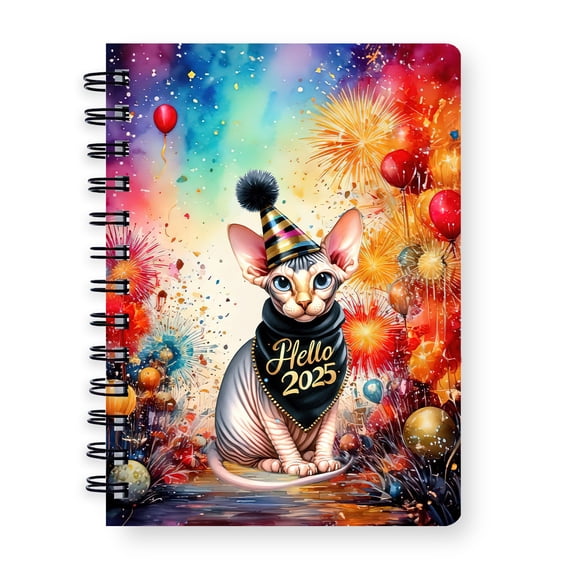 Hello 2025 Sphynx Celebrates Happy New Year Firework Balloon Spiral Bound Journal Cat Lover Kitten Owner Gifts Idea 5x7in Spiral Notebook - 02024