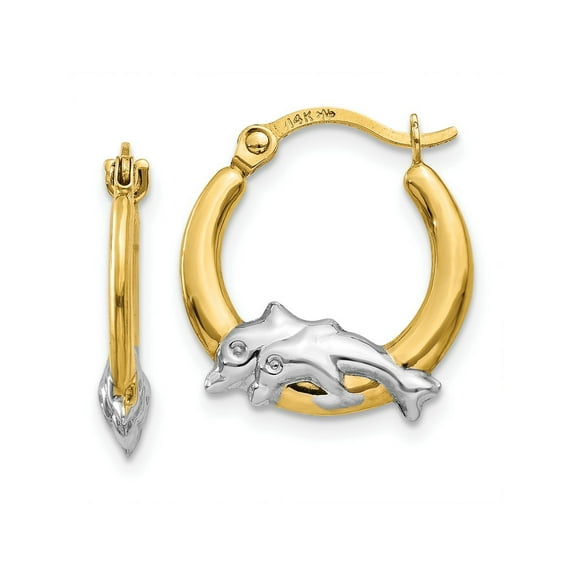 FJC Finejewelers 10 kt Yellow Gold and Rhodium Dolphin Hoop Earrings 15 mm x 14 mm