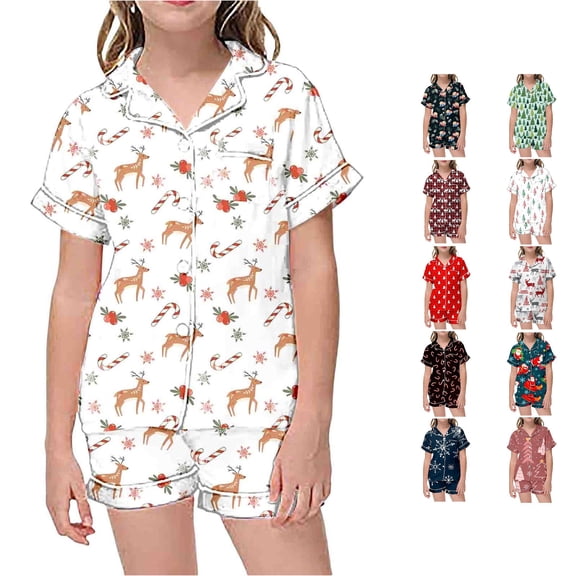 JAJAHO Girls Christmas Pajamas Set Short Sleeve Button Down 2 Piece Pjs For Kids 2-13Y