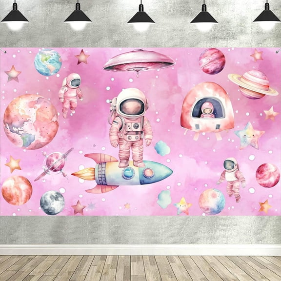 5x3FT Outer Space Theme Girls Birthday Party Supplies Backdrop Banner Pink Astronauts Background Photo Booth Props for Space Theme Girls Baby Shower Birthday Party Supplies Decorations