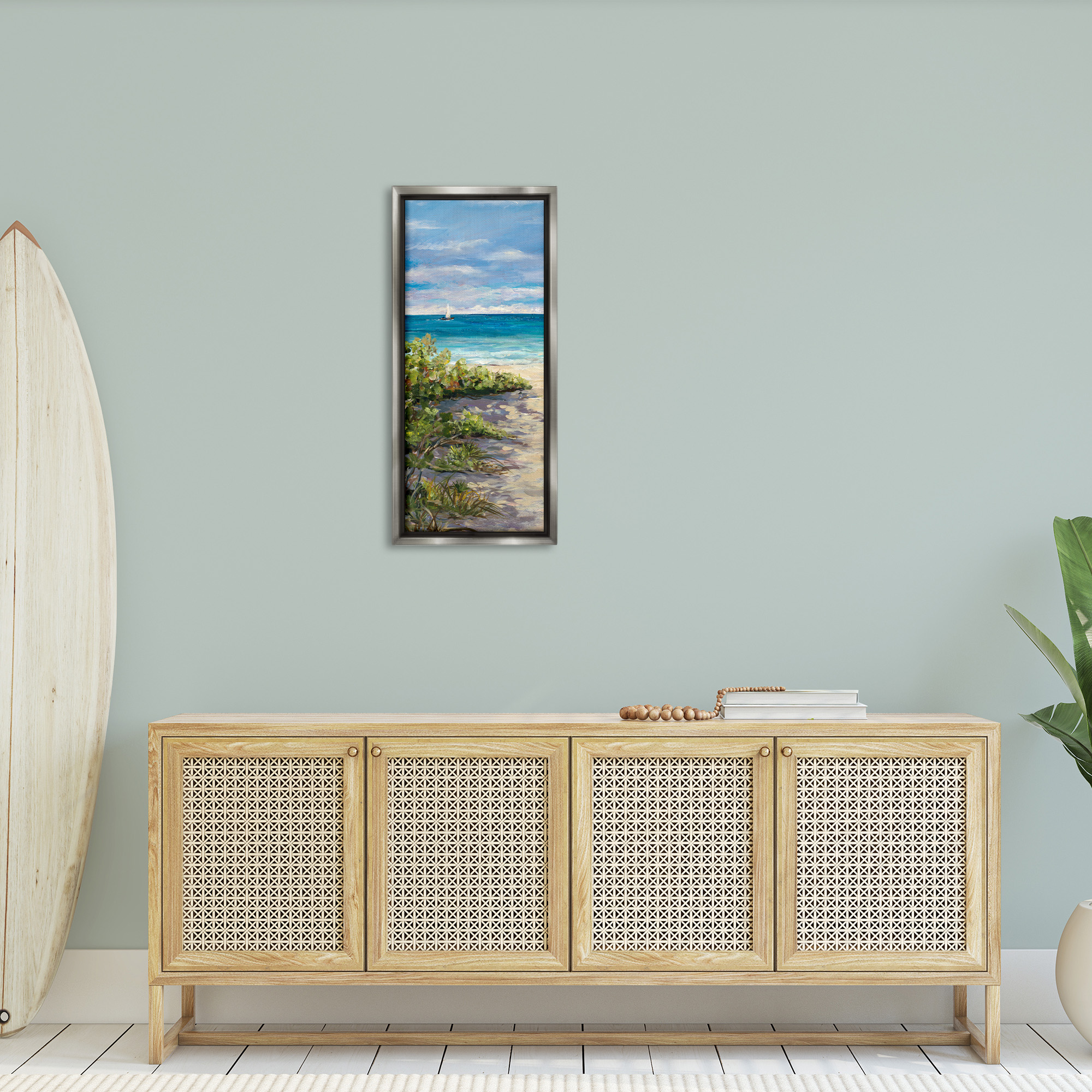 Stupell Industries Grassy Beach Shore Landscape Painting Gray Floater Framed Canvas Art Print Wall Art, 15 x 31