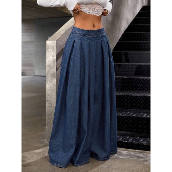 Womens Low Waist Extra Long Pleated Denim Skirt Blue