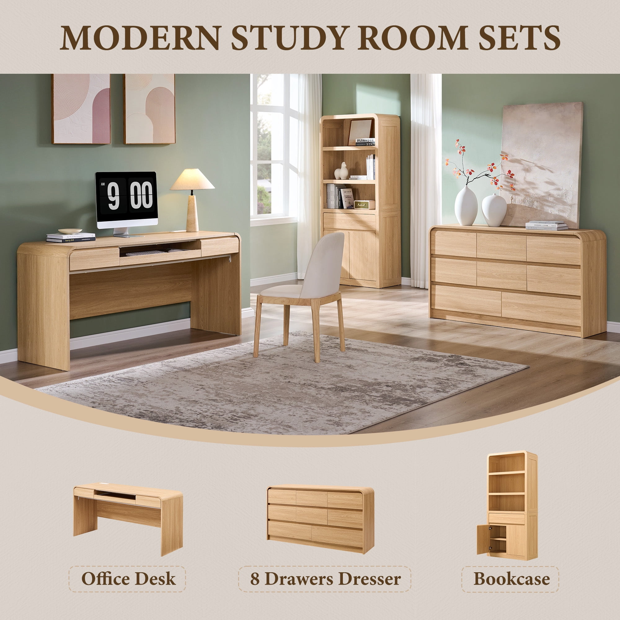 wow97e Modern Computer Desk with Storage Drawers, 57'' Large Executive Office Desk with Charging Station & Keyboard Tray for Home Office