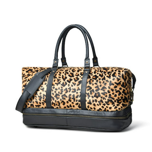 Sac de Voyage Weekender à Motif Léopard en Fourrure de Vache Naturelle et Cuir Véritable