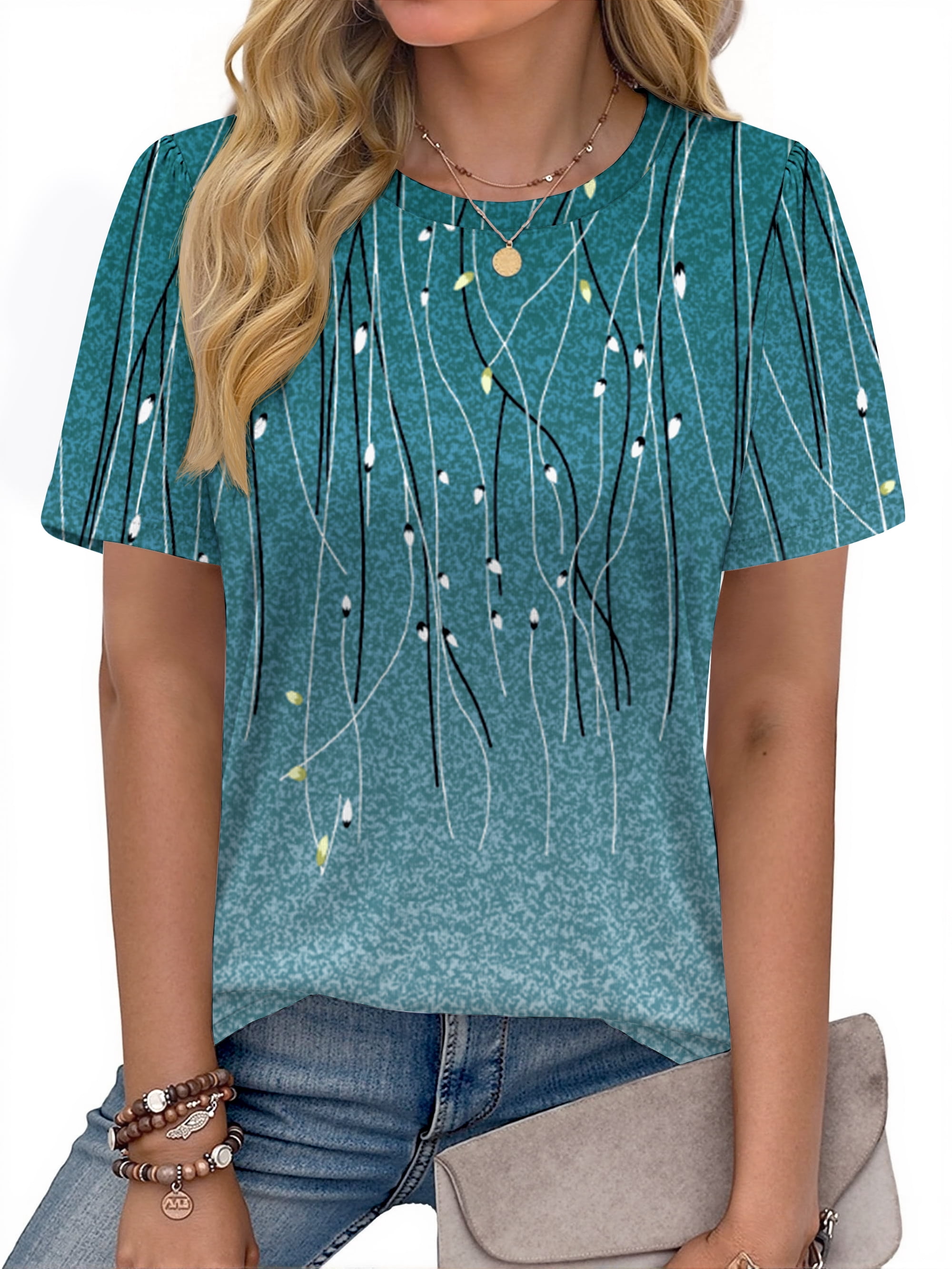Fantaslook Womens Summer Tops Dressy Casual Short Sleeve Shirts Crew Neck Tunic Floral Blouses