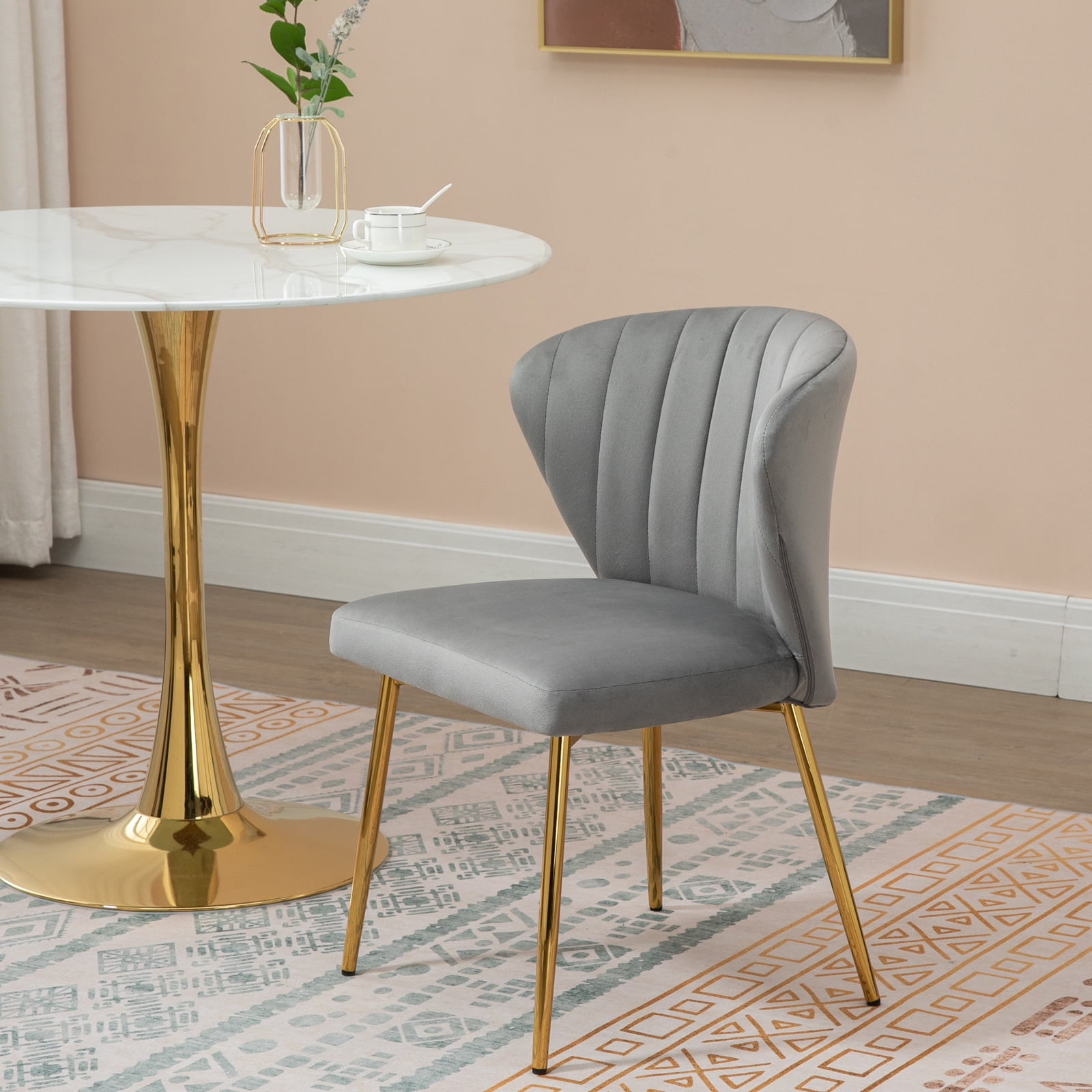 MOJAY Modern Velvet Dining Chair Set of 2 with Tufted Backrest and Golden Legs, Gray