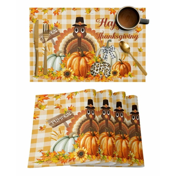 Thanksgiving Placemats Set of 1 Turkey Maple Leaf Pumpkin Sunflower Orange Plaid Heat Insulation Washable Place Mats, Rustic Non-Slip Table Mats for Dining Table Party Kitchen Decor,13x19 Inch