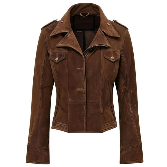 HIDE CRAFTS Women's Moto Jacket, Brown Suede Leather, Classic Biker Style with Zip Front