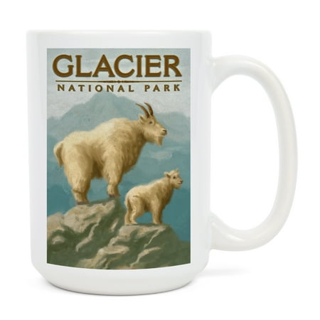 

15 fl oz Ceramic Mug Glacier National Park Montana Goat and Kid Oil Painting Dishwasher & Microwave Safe