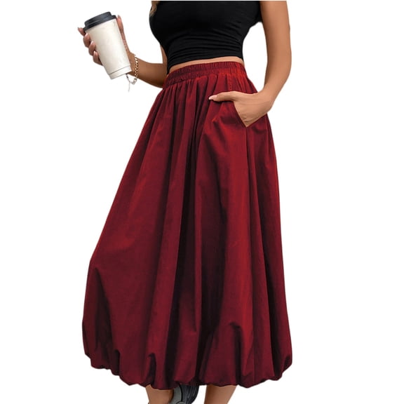 LWavelet Women Balloon Midi Skirt Elastic High Waist With Pockets Casual Summer A Line Skirt Wine S