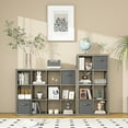 thumbnail image 4 of Bookshelf with Storage Bins, 4-Cube Storage Organizer with Back Panels, Modern Wood Open Bookcase, Multifunctional Display Shelf for Living Room, Bedroom, Home Office, Gray Oak, 4 of 7