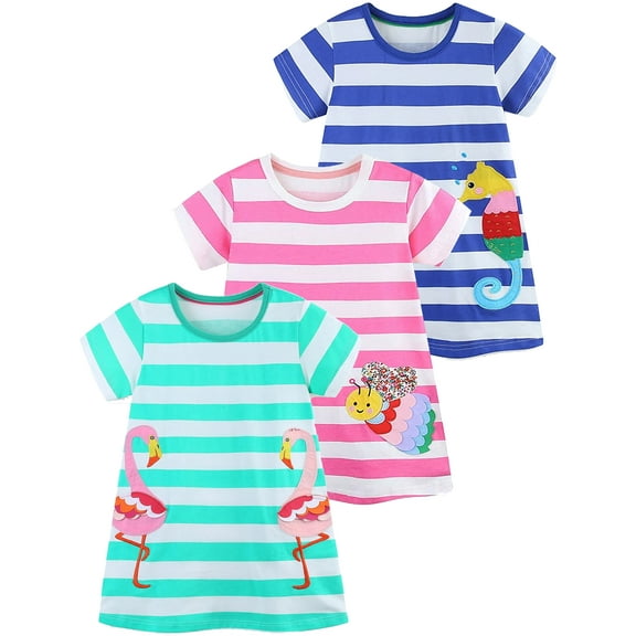 WIBACKER Little Girl Cotton Casual Dress Summer Short Sleeve Appliques Striped Tunic Playwear Shirt Dresses - 1Pcs Flamingo