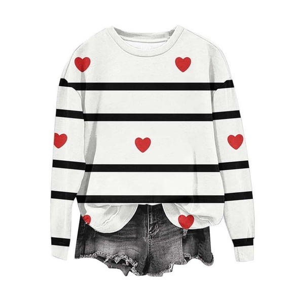 GuzomFashion Valentine's Day Womens White Crew Neck Long Sleeve Sweatshirt - Striped Red Heart Graphic, Soft Stretchy Relaxed Fit, Casual Everyday Top for Teens & Young Adults S-XXL,Size S