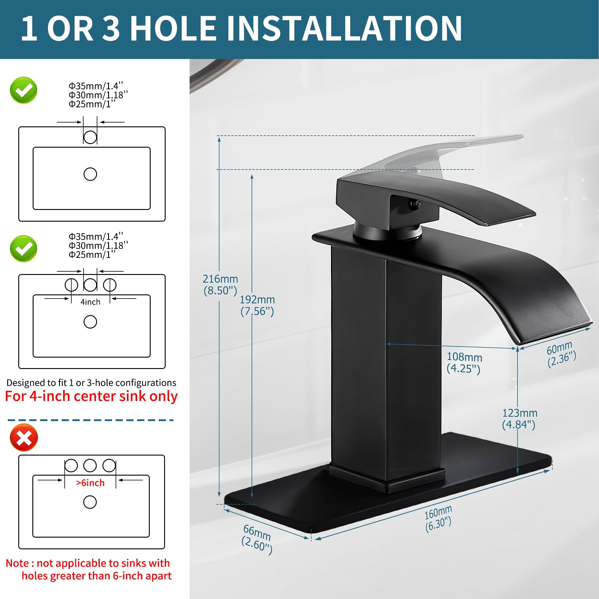 Waterfall Bathroom Faucet Lavatory Single Handle 1 or 3 Hole Bathroom Sink Faucet Washbasin Faucet with Deck and Pop-up Drain