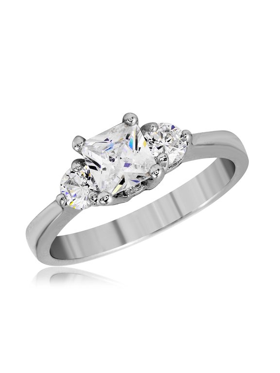 Round Square Cubic Zirconia Past Present Future Ring Rhodium Plated Sterling Silver Size 5