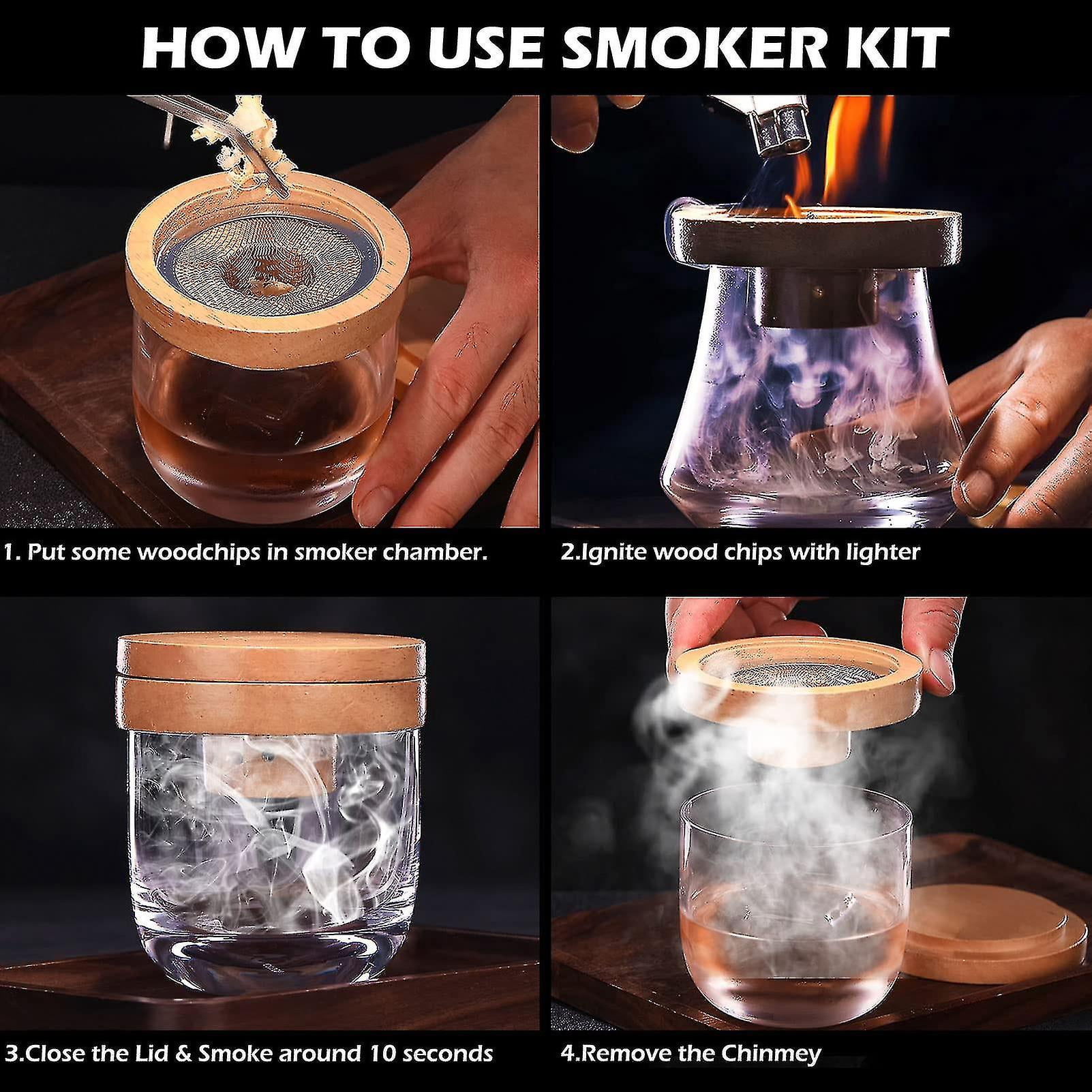 Kit Fumoir à Whisky Électrique Avec 6 Copeaux De Bois - Fumage à Froid Pour Cocktails, Café, Viande - Cadeau Homme Original