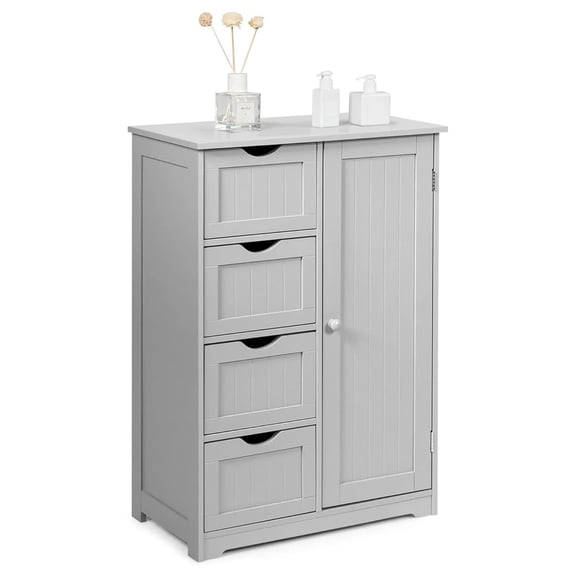 Bathroom Storage Cabinet, Wooden Freestanding Storage Cupboard Organizer with 4 Drawers & Adjustable Shelf, Modern Floor Cabinet for Living Room, Bathroom, Kitchen, Entryway (Grey)