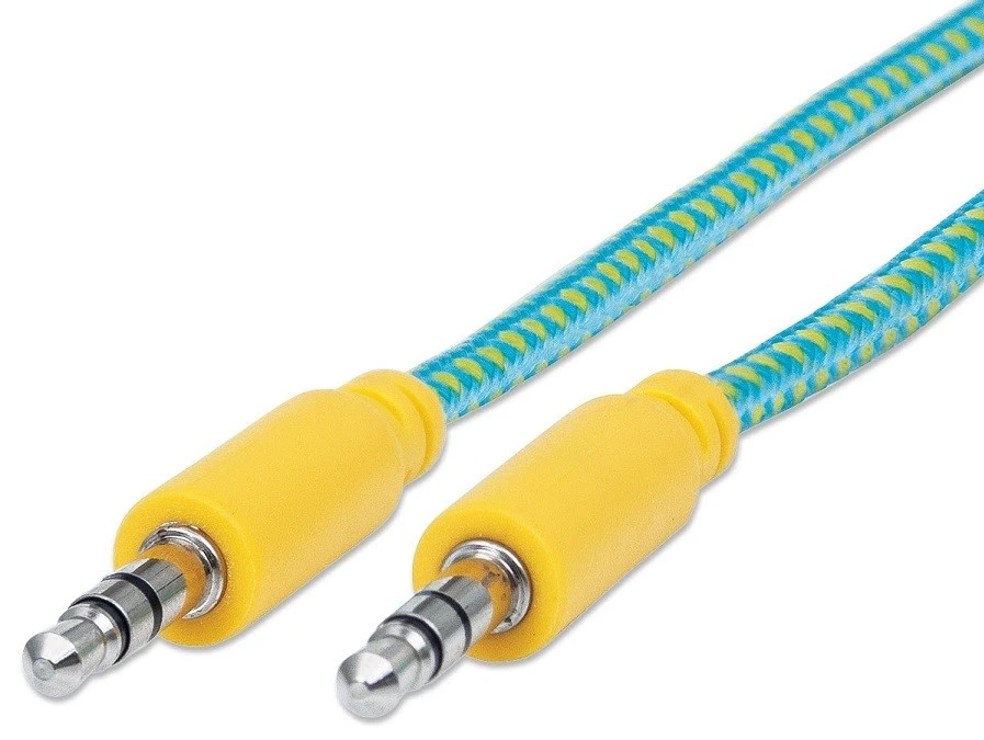 6Ft 3.5Mm Stereo Trs Male To Male Braided Audio Cable, Teal/Yellow, 352796