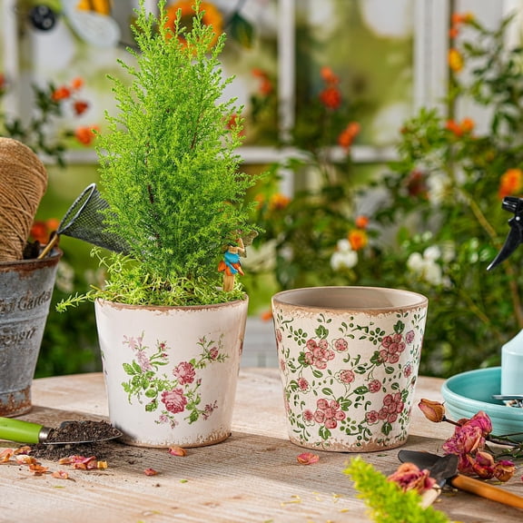 Vintage Ceramic Planter Set of 2 - Decorative Indoor & Outdoor Flower Pots with Drainage Holes - Tuscan Décor Pots, 5.5" Ice Crackle Glaze Planters for Home, Kitchen, , and Garden