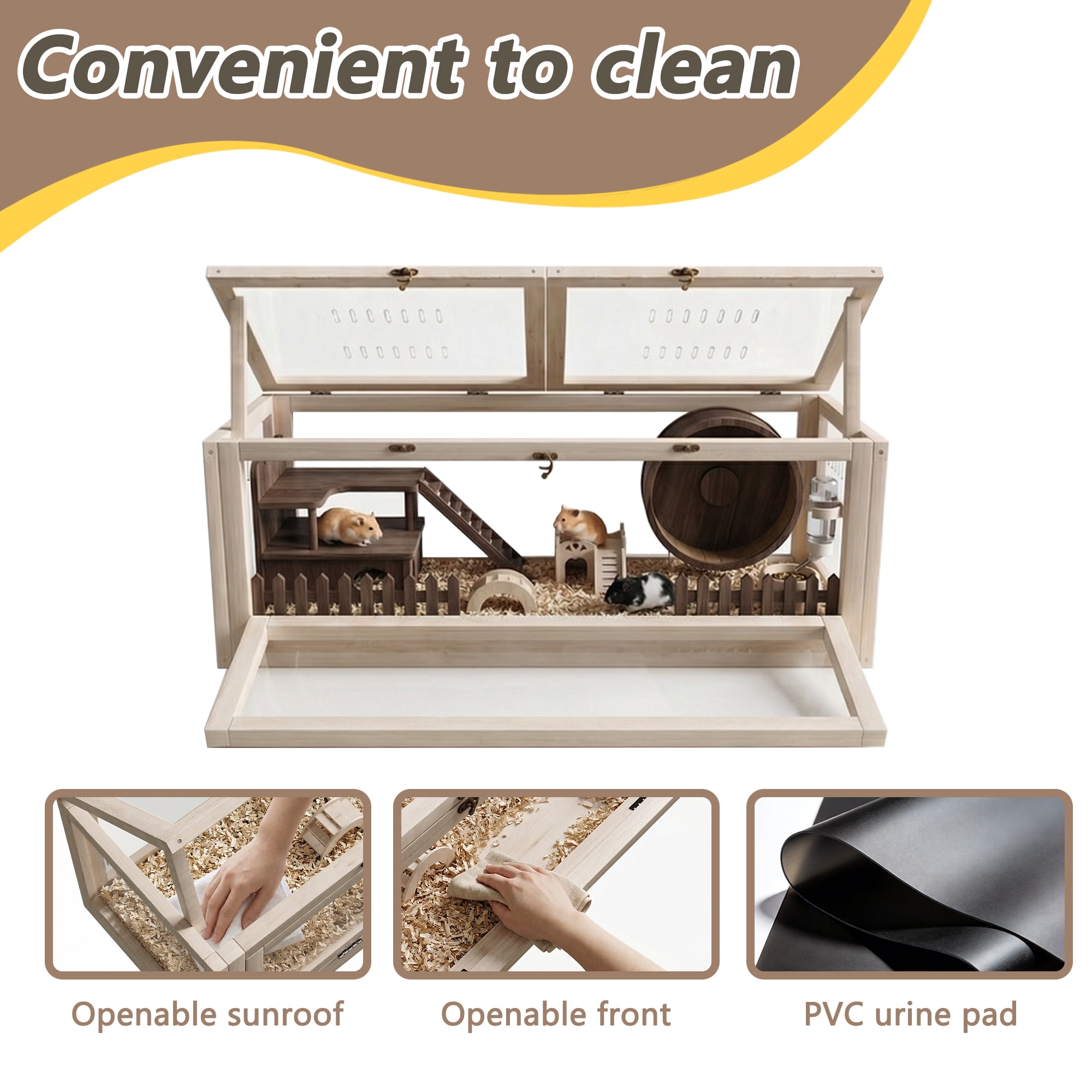 Wooden Hamster Cage, 31.5in Large Guinea Pig House with Stair & Bridge, Chewproof Solid Wood Habitat with Acrylic Ventilation Panels for Guinea Pigs, Chinchillas, Ferrets, Hamsters