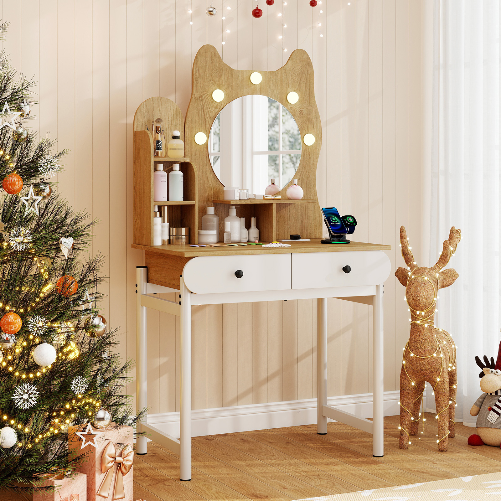 Gymax Small Vanity Desk w/ Mirror & Lights Cute Kitty Makeup Table