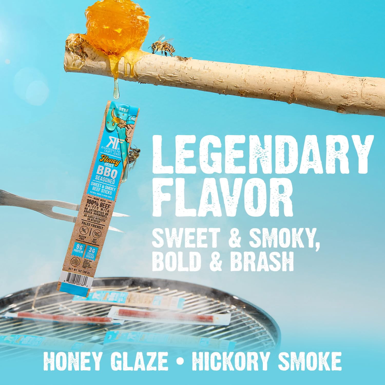 Righteous Felon Grass-Fed Meat Sticks - Low Sugar, High Protein Beef - Honey Heist BBQ, 10 pack