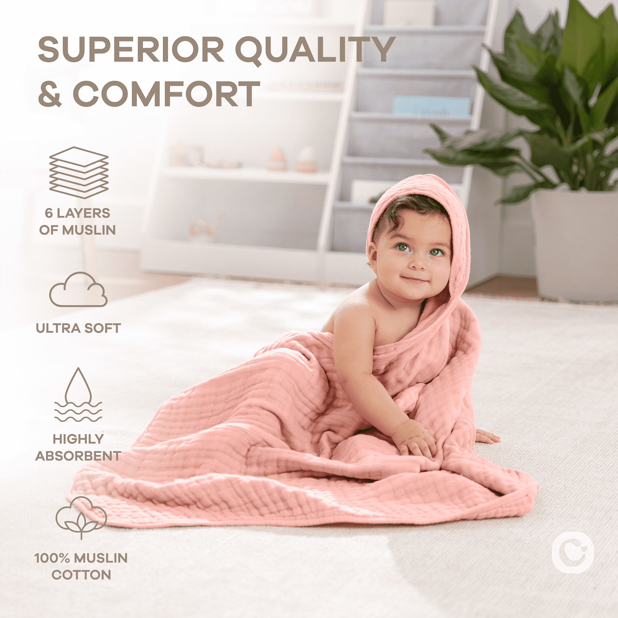 Comfy Cubs Hooded Baby Towels 2-Pack, Large 32" x 32" - 6 Layer, 100% Muslin Cotton, Bold Blush