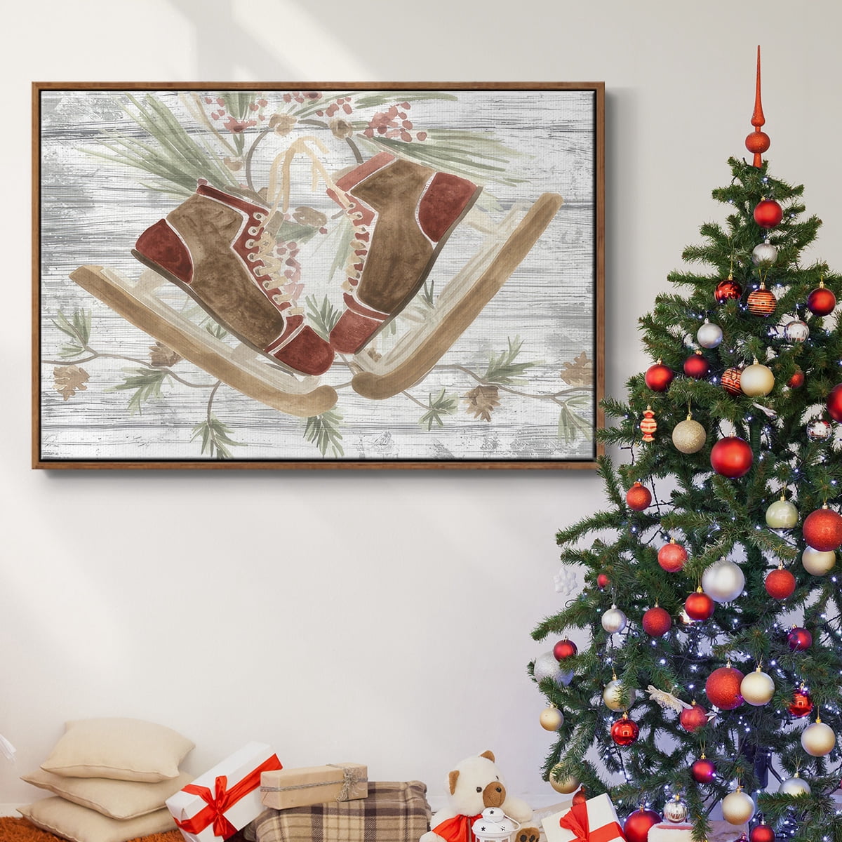 Pinecone Lodge Collection A - Framed Gallery Wrapped Holiday Canvas - 17 x 25 - Rosewood Frame