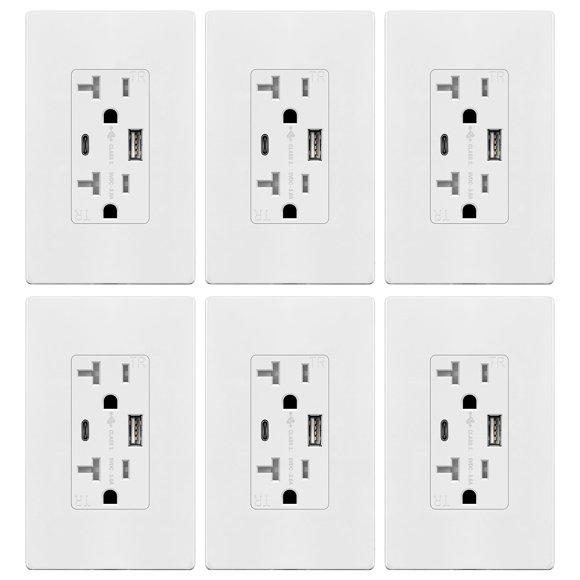 Salida USB TOPGREENER TU22036AC 20 A con 2 USB tipo A/C blanca, paquete de 6