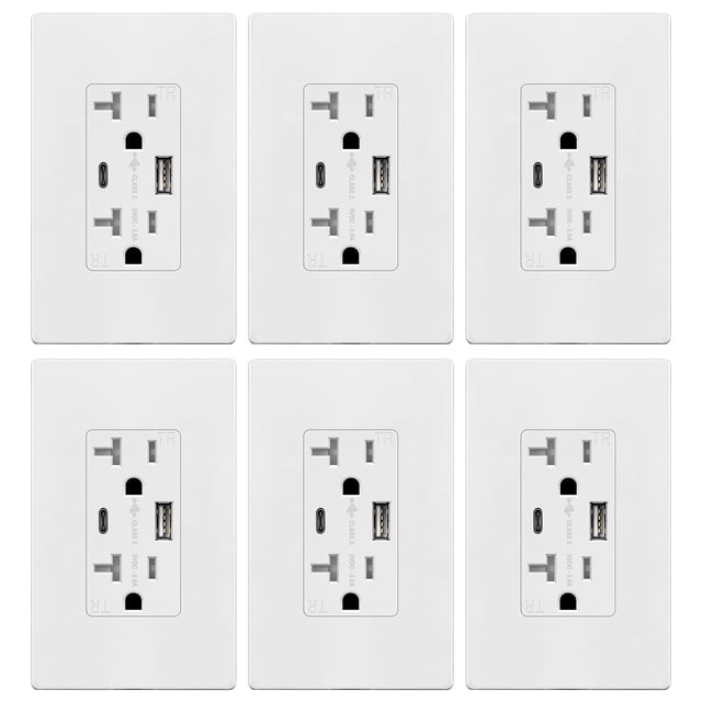 Salida USB TOPGREENER TU22036AC 20 A con 2 USB tipo A/C blanca, paquete de 6