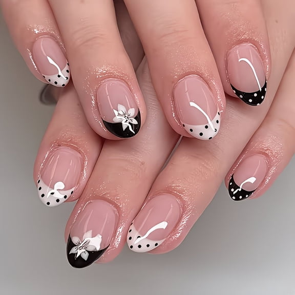 Short Oval Nail Art Stickers 24pcs Black White Polka Dot Floral Decals
