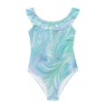 thumbnail image 3 of Girls Ruffle One Piece Swimsuit, Stretchy Fabric for Beach & Pool Activities Aqua Swirl Feather Design, 3 of 8