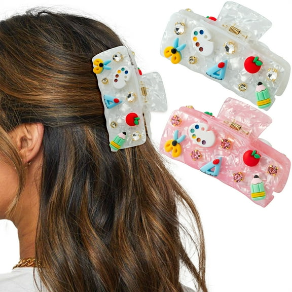 2 Piece Hair Clip for Women and Girls, Back-To-School Season Thank You Teacher Themed Hair Clip for Party Decorations, White and Pink