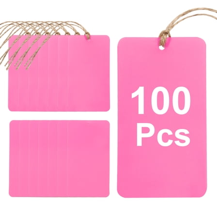 100Pcs Pink Plastic Shipping Tags, 3.5" x 2" Waterproof Labeling Tags with Thread & Wire for Garage, Inventory Tag
