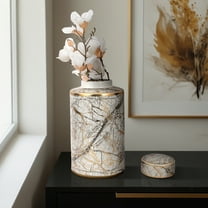 16" Ceramic Jar with Lid Contemporary Decorative Glassware in White, Black and Gold Storage Canister Decor - - 8" x 8" x 16"