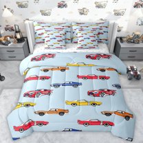 Manfei Extreme Sport Game 7 Pieces Bedding Comforter Set,Colorful Race Car Full Bedding Set,Red Blue Orange Fitted Sheet Flat Sheet For Teens,Luxury Bedroom Decor Reversible