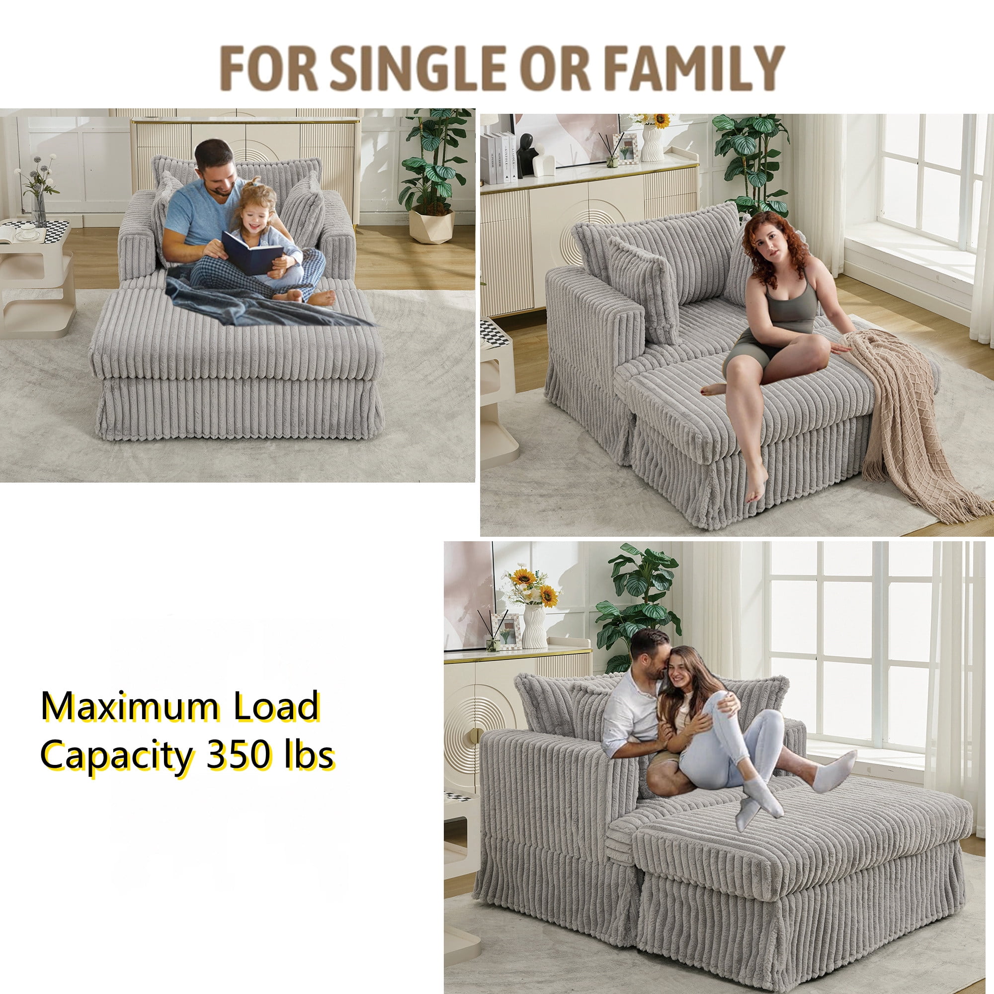 Aukfa 48" inch Chaise Lounge, Oversized Sofa Chair with Ottoman, 3 Pillows, Corduroy, Light Gray